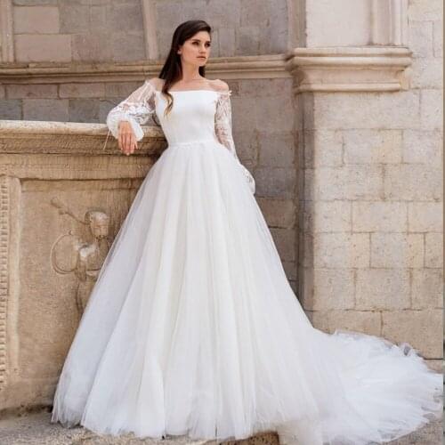 Boat Neck Off The Shoulder Long Sleeve Zipper Up Back Tulle White Princess Wedding Dresses Plus Size Vestidos De Noiva