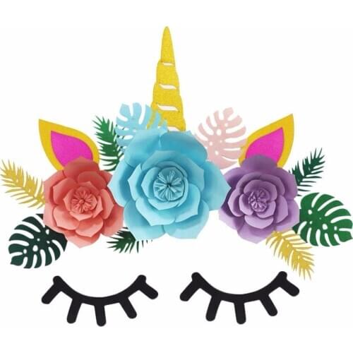 Unicorn Backdrop Glitter Large Horn Ear Eyelash Face for Birthday Baby Shower Party Supplies Flower Green Leaf Set Wall Sticker