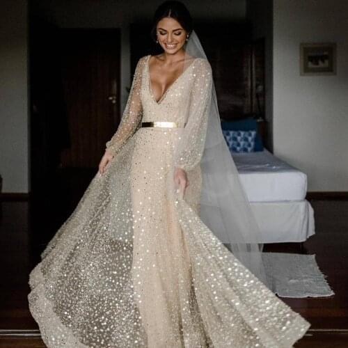 2021 Sparkly A Line Light Gold Wedding Dress Long Sleeves V Neck Sequined Bridal Gowns Backless Vestido De Novia