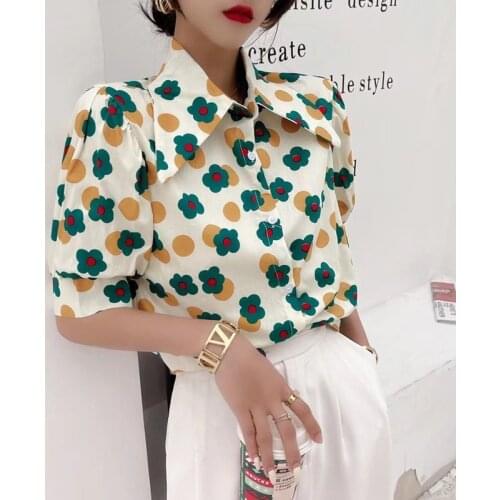Women Summer Retro Button Up Shirts Fashion Puff Sleeve Polo Collar Blouses Ladies Floral Print Slim Tops Korean Casual Shirts
