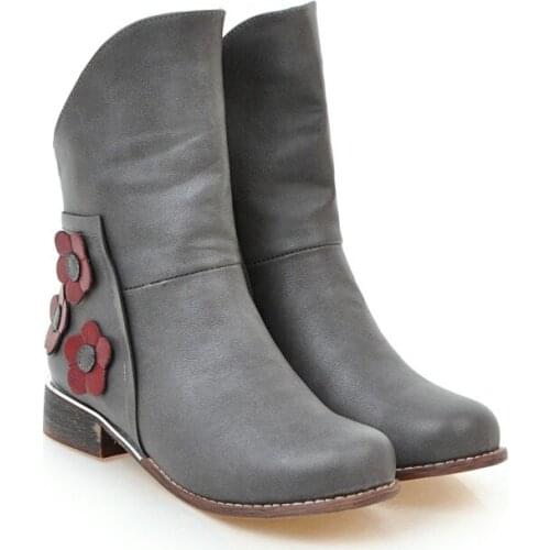 Big Size Ma'am Low-heel Short boots Blue Patchwork round head Boot barrel High heel boots