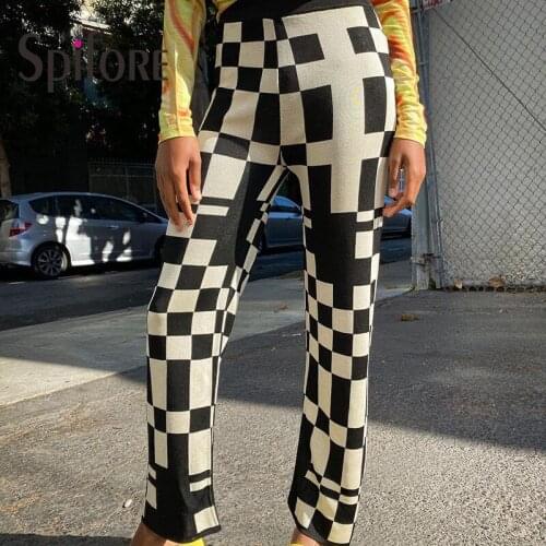 Spifore Plaid Wide Leg Pants High Waist Women Casual Streetwear Summer Clothes New Fashion Knit Ladies Trousers