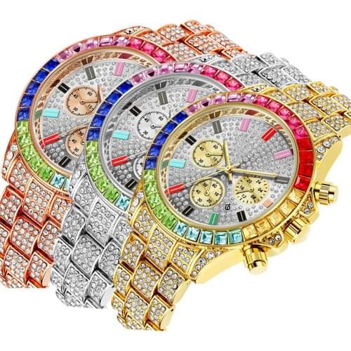 Watches for Men Luxury Hiphop Full Iced Out Watch Men Gold Colorful Rhinestone Hip Hop Watch Quartz Wristwatch Relogio Masculino