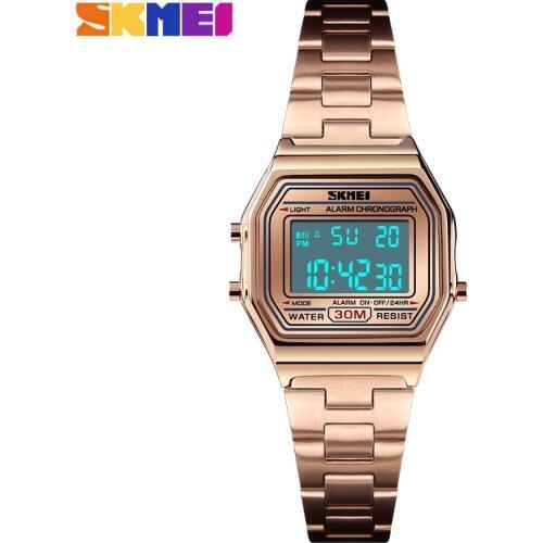 SKMEI1415 Luxury Women Casual Watch Steel Strap 12/24 Hour Digital Wristwatch 30M Waterproof Ladies Dress Watch Relogio Feminino