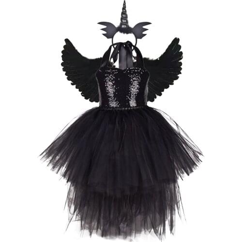 Black Princess Kids Cosplay Tutu Dresses with Headband Wings Toddler Baby Girls Halloween Party Clothes for Children Girls Dress