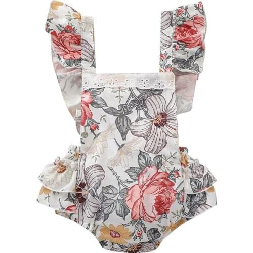 Infant Newborn Girl Flower Printed One-piece Jumpsuit Ruffled Fly Sleeve Lace Decoration Square Neck Triangle Bodysuit Summer