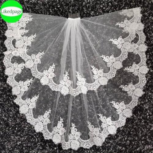 Short Wedding Bride Veil 2021 Two Layer Voile Mariage Welon Slubny Lace Edge Velo De Novia Sposa Weeding Accessoire Metal Comb