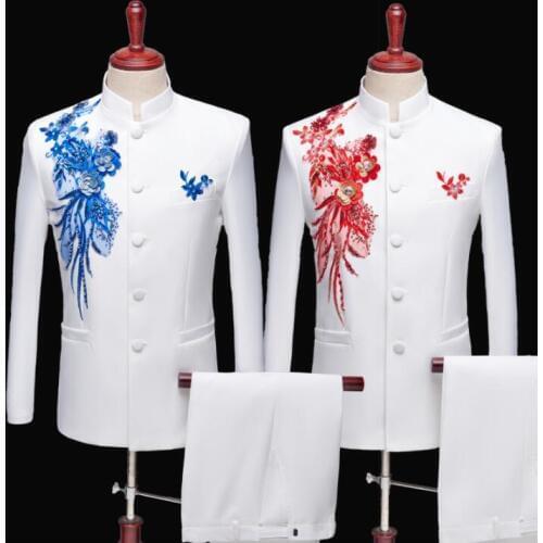Stand collar red Blazer men groom suit set with pants mens wedding suits singer star style dance stage clothing formal dress