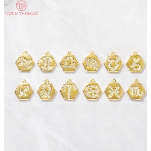 4PCS 10x11MM 24K Gold Color Brass with Zircon Twelve Constellations Charm Pendants for DIY Jewelry Making Findings Accessories