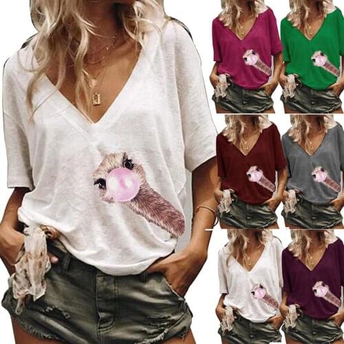 Summer Casual V-neck Animal Giraffe Print Short-sleeved Loose T-shirt 2021 Fashion Street Hipster Pullover T-shirt Female S-3XL