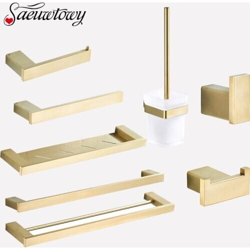 Brushed Gold Bathroom Hardware Towel Rack, Paper Holder, Hook, Pendant, Toothbrush Cup, Toilet Brush, Four-Piece Set, Soap Tray