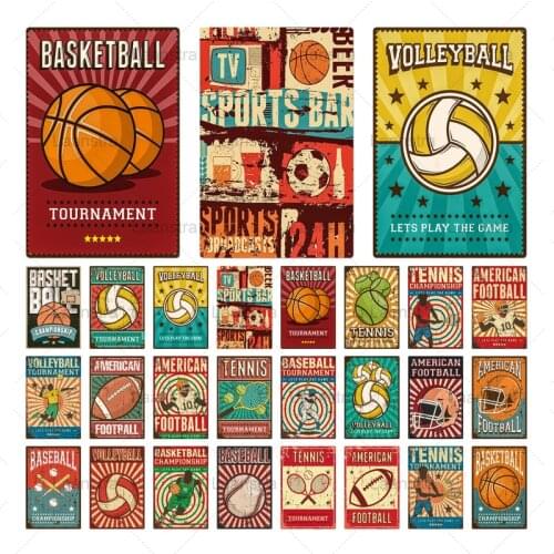 Metal Tin Sign Ball Games Basketball Volleyball Tennis Baseballl Sign Ball Poster Wall Art Decor For Sports Bar Club Iron Plaque