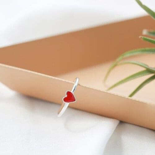 Fine 925 Sterling Silver Fashion Red Epoxy Love Heart-shaped Open Rings for Women Girls Lover Valentines Day Jewelry Gift SR337