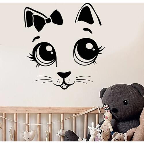 Cartoon Cat Wall Decal Cute Kitten Face Bow Tie Vinyl Sticker Children Room Kids Girls Bedroom Nursery Interior Decor Mural M090