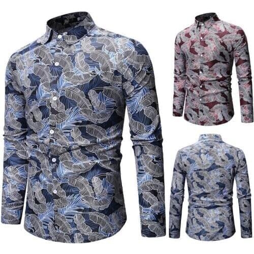 Leaf Print Shirts Men Spring Autumn Long Sleeve Mens Shirt Casual Slim Business Camisas Hawaii Retro Oversize Chemise Homme