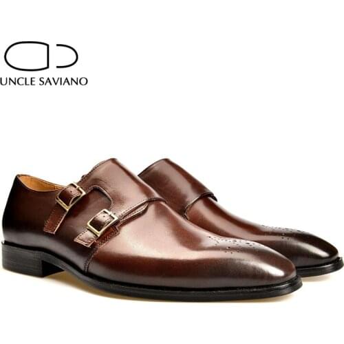 Uncle Saviano Double Monk Brogue Style Leather Dress Man Shoe Best Designer Handmand Shoes Wedding Original Business Men Shoes