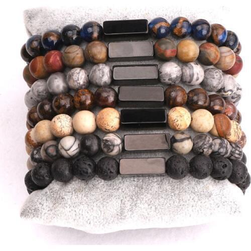 Men Bracelet Natural Stone Free Laser Custom Text Stainless Steel Charm Male Beaded Elastic Bracelet Men Women