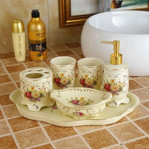 Bathroom Accessories Set Ceramic Soap Dispenser Toothbrush Holder Gargle Cup Soap Dish Bathroom 5 Pieces Set Wedding Gifts