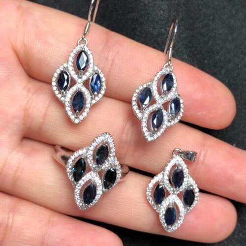 Natural sapphire set, 925 silver, from Chinas mining area, rich in color, fashionable