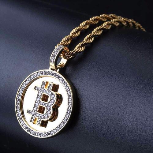 Bling Bling Golden Round Bitcoin Coin Pendants Necklaces for Men AAA+CZ Stone Bling Ice Out Hip Hop Rapper Jewelry