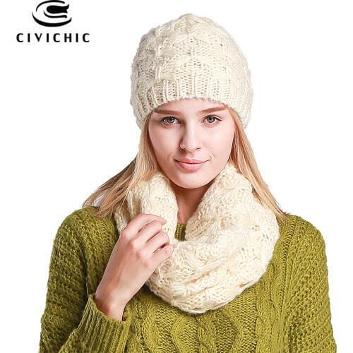 CIVICHIC Hot Fashion Thicken Hat Scarf Set Twist Knitting Pure Color Warm Head Wear Neck Warmer for Spring Autumn Winter SH102