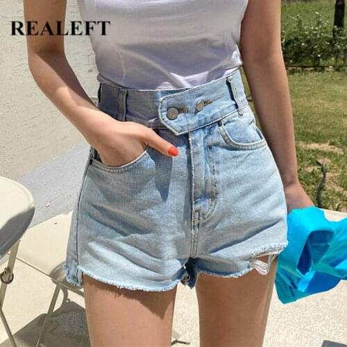 REALEFT Summer 2021 New High Waist Hole Women Denim Shorts Buttons Casual Shorts Ladies Fashionable Female Classic Jeans Trouses
