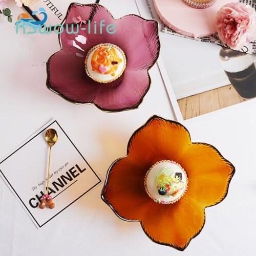 Nordic Phnom Penh Flower Petal Glass Salad Bowl Home Fruit Plate Creative Dessert Bowl Ice Cream Bowl Glass Bowl Diner Plate