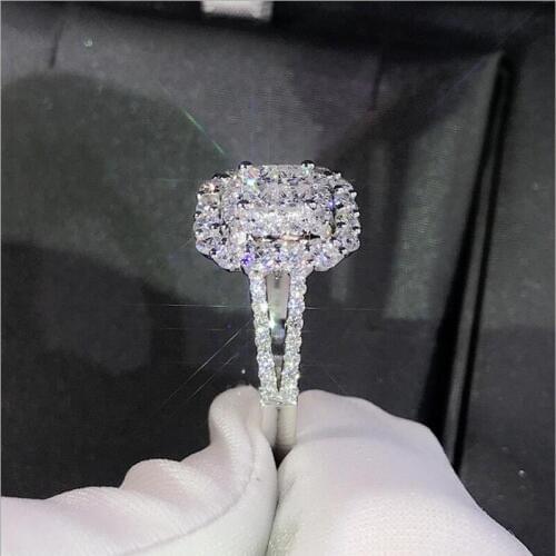 Sparkling Luxury Jewelry 925 Sterling Silver Full Princess Cut White Clear 5A Cubic Zirconia Eternity Women Wedding Band Ring