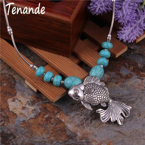 Tenande Vintage Bohemian Tibet Silver Color Natural Stone Fish Necklaces & Pendants for Women Jewelry Collier
