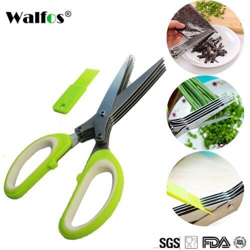 WALFOS Multi-Functional Stainless Steel Kitchen Knives 5 Blades Scissors Sushi Shredded Scallion Cuttter Herb Spices Scissors