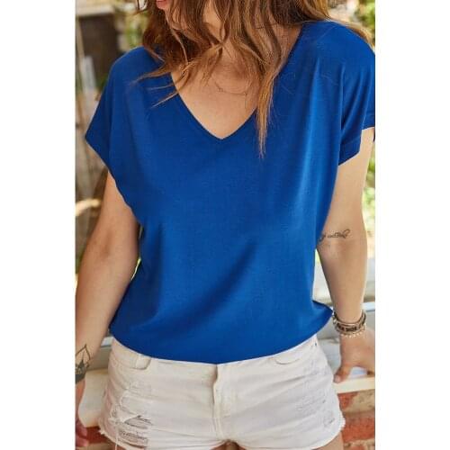 Womens T-Shirt V-Neck Quality Fabric % 95 Viscose-5 Lycra Draped Fashion, Trend Summer Season Short-Sleeve Clothing Black-Blue Color