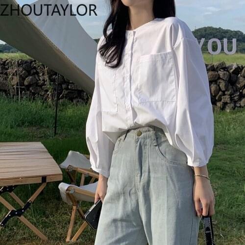 ZHOUTAYLOR Women Shirts Office Lady O-Neck Full Puff Sleeve Blouses Femme Single Breasted Straight Autumn Tops Female S0698