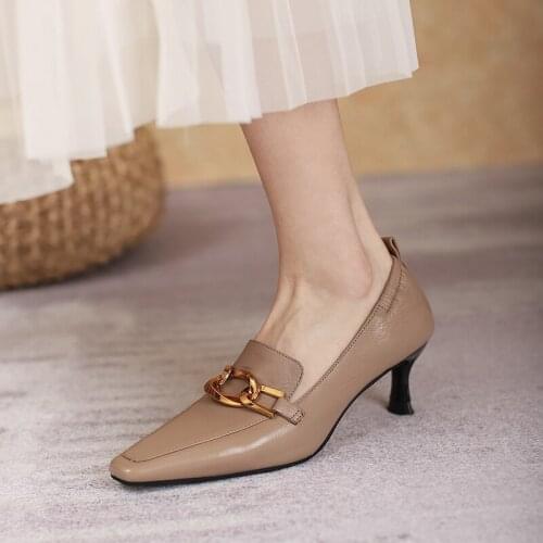 Osunlina 2021 Retro Pumps Square Toe 5.5cm Thin High Heels Fashion Metal Decoration Grace Classical Office Lady Quality Shoes