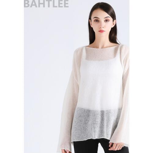 BAHTLEE Spring autumn womens mohair wool knitted pullovers sweater slash neck flare sleeve thin looser and comfortable