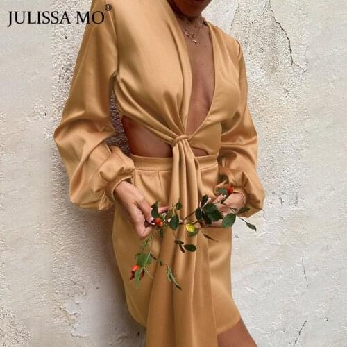 JULISSA MO Fashion Long Sleeve Satin Mini Dresses for Women Autumn Casual Hollow out Party Dress Ladies Elegant Vestido Clothing