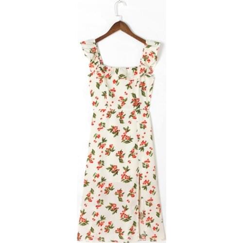 Summer Womens Casual Flower Print Ruffled Slim Sling Dress