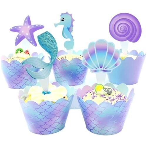 20pcs/set Mermaid Cupcake Wrappers Cake Topper Party Decoration Supplies