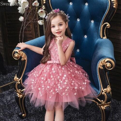2021 White Blue Pink Flower Girl Dresses For Child V-Neck Elegant Kids Party Gown Appliques Bow Short Wedding Communion Dress