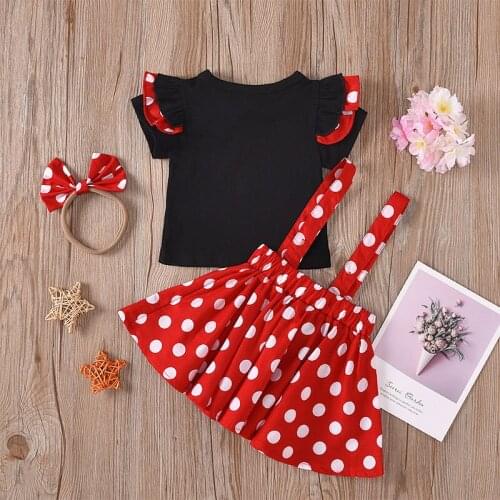 Summer New Girls Clothing Short Sleeve Cartoon Suit Children Printing Suspender Skirt + Tops + Hair Band Set 3pcs Casual Outfit