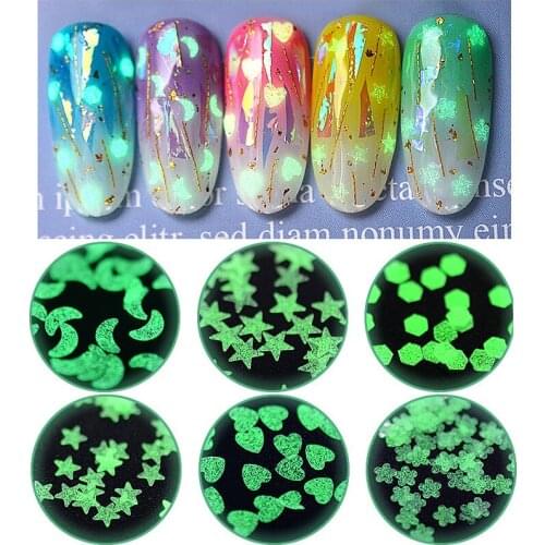 6Jars Luminous Glitter Sequins 3D Heart Star Flower Designs Nail Flakes Glow in the Dark DIY Ultra-thin Fluorescent Sequins PT18