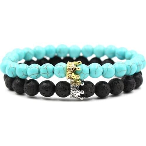 8mm 2PCS/Set rgt3 4elastic adjusted nature black stone volcanic lava Howlite micro pave cz zircon cubic zirconia Crown Bracelet