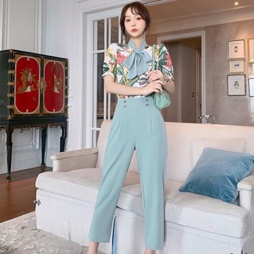 Vintage Puff Sleeve Top Women OL High Waist Long Straight Pants Casual Bow Flora Print Single-Breasted Shirt Blouse 2 Pieces Set