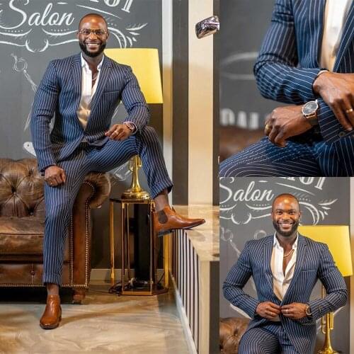 Business Men Stripe Tuxedos Slim Fit Notched Lapel Suits Custom Made Party Wedding Smart Casual Blazer 2 Pieces