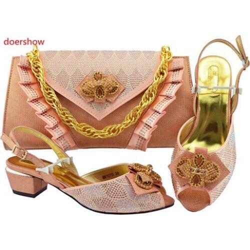 Doershow Latest peach African Shoes And Bag Set For Party High Quality Italian Ahoes And Bags To Match Women!BF1-28