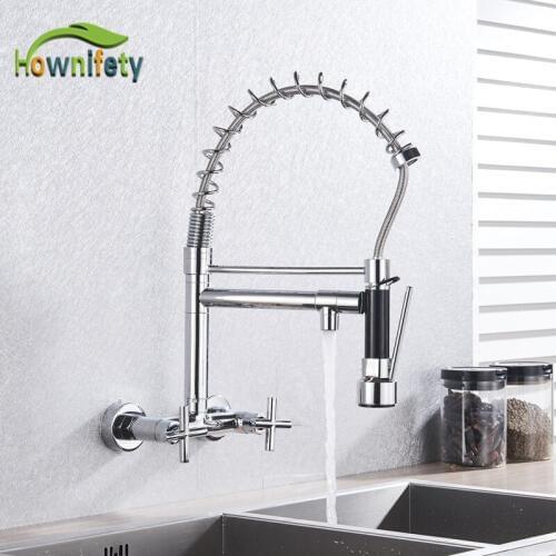 Dual Handle Spring Kitchen Faucet 2 Spout Hot Cold Water Washing Wall Mount Mixer Tap 360 Degree Rotation
