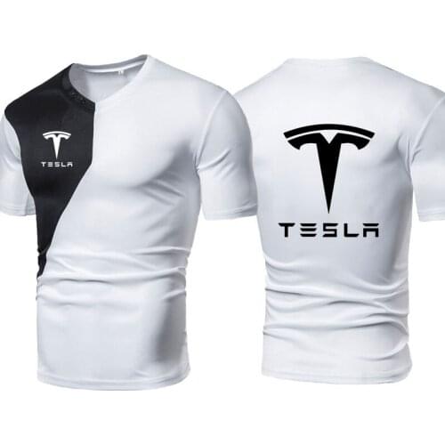 High Quality 100% Cotton Tesla car logo Printing Summer Hot Sale casual Men short sleeve Stitching color sports Men T-shirt