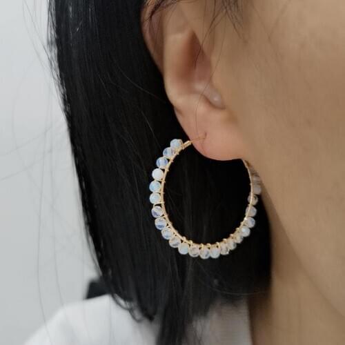 Faceted White Opal Earrings Natural Stone Statement Jewelry Wire Wrap Hoops Fashion 14K Gold Filled Circle Boho Women Earrings