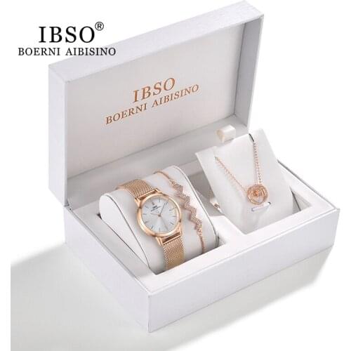 IBSO Women Watch Gift Set Crystal Design Bracelet Necklace Watch Sets Female Jewelry Set Fashion Silver Set Watch Ladys Gift