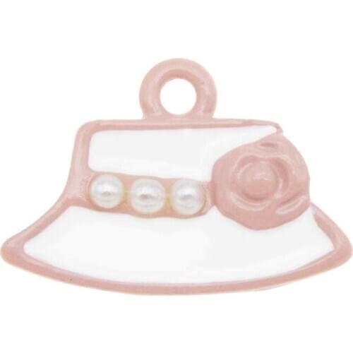 Julie Wang 4PCS Enamel Women Flower Hat Charms Man-made Pearl Alloy Pink Painted Necklace Bracelet Jewelry Making Accessory