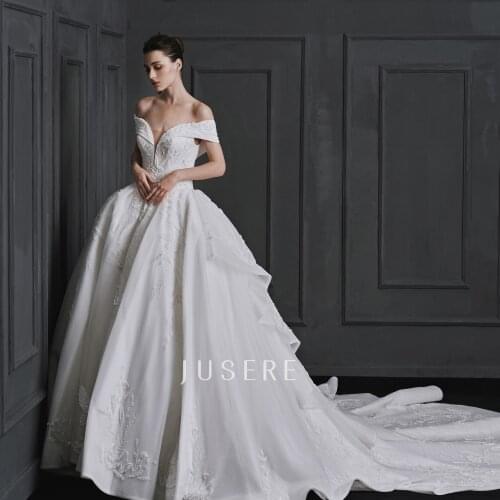Jusere V-neck ball gown bridal dress whitewedding dress bridal gown off the shoulder beaded dress with cathedral train
